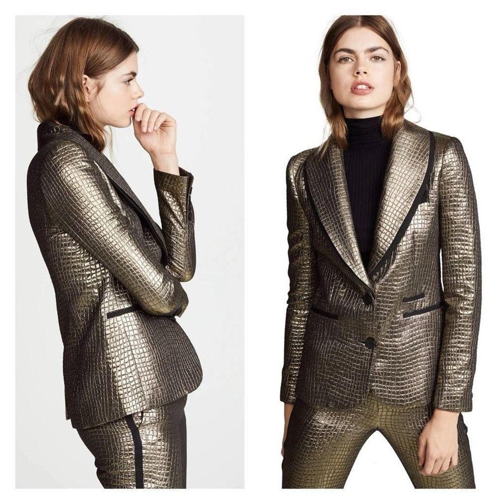 Rachel Zoe Becca Grosgrain Trimmed Metallic Croc Effect Jacquard Blazer Gold 8